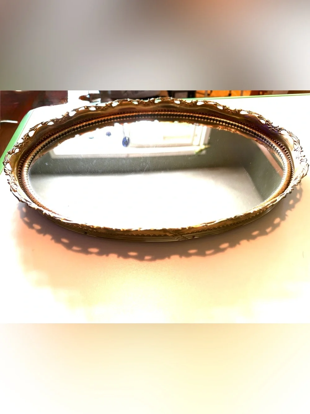 Vintage Midcentury Footed Mirrored Oval Dish Vanity Decor Ormolu Gold Plated